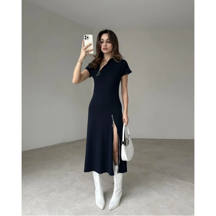 MDB Kadın Kısa Kollu Yakadan Ve Etekten Fermuarlı Midi Viskon Iki Iplik Elbise