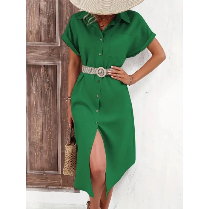 MDB Kadın Kısa Kollu Yakalı Düğme Detay Midi Dokuma Elbise