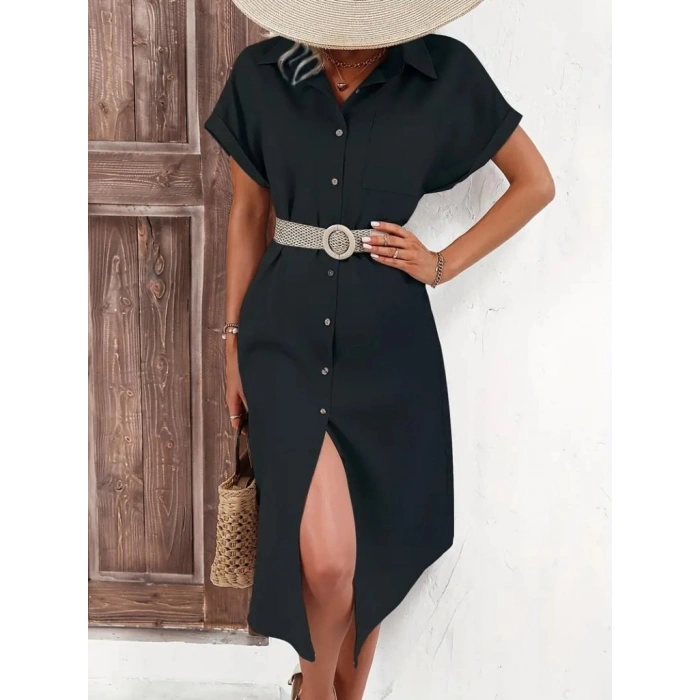 MDB Kadın Kısa Kollu Yakalı Düğme Detay Midi Dokuma Elbise