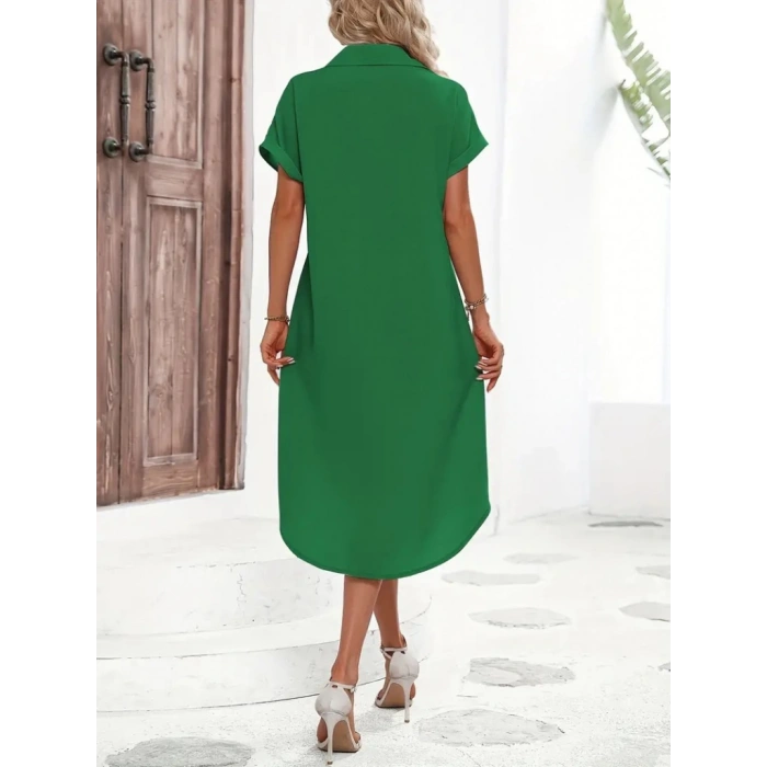 MDB Kadın Kısa Kollu Yakalı Düğme Detay Midi Dokuma Elbise