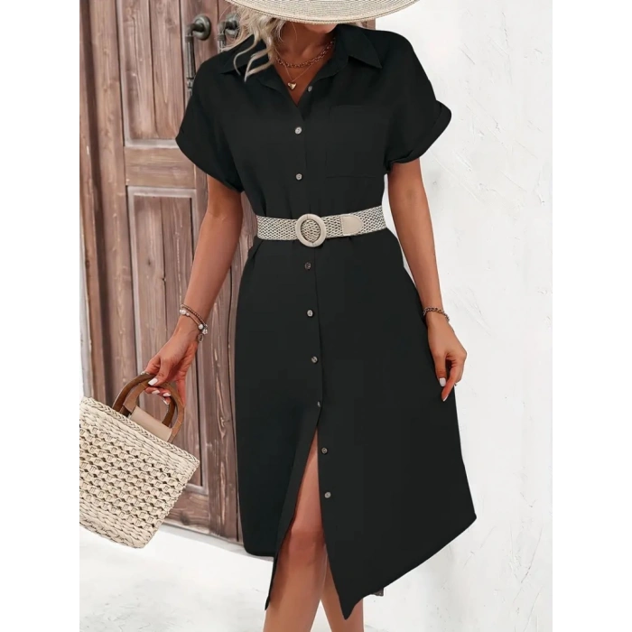 MDB Kadın Kısa Kollu Yakalı Düğme Detay Midi Dokuma Elbise