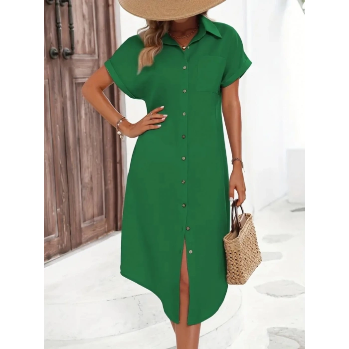 MDB Kadın Kısa Kollu Yakalı Düğme Detay Midi Dokuma Elbise