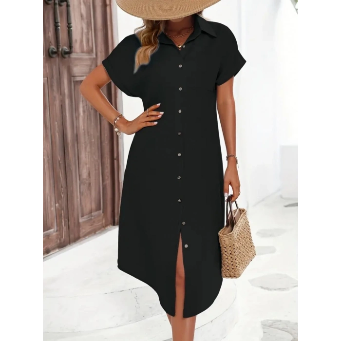 MDB Kadın Kısa Kollu Yakalı Düğme Detay Midi Dokuma Elbise