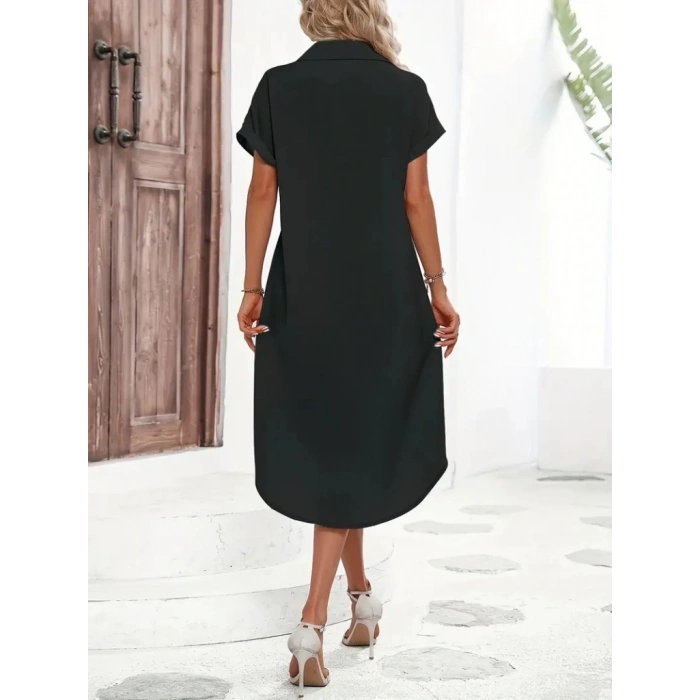 MDB Kadın Kısa Kollu Yakalı Düğme Detay Midi Dokuma Elbise