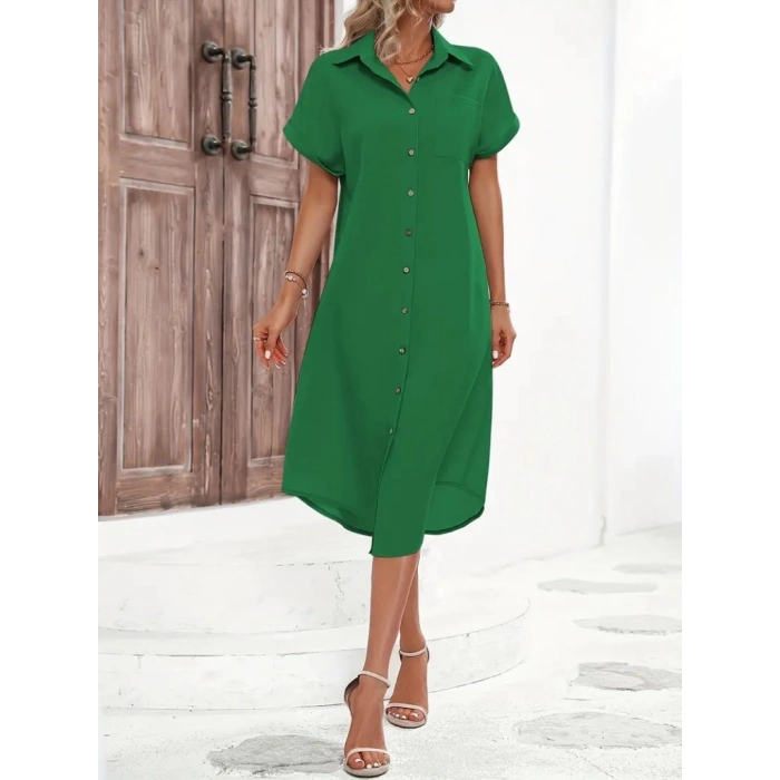 MDB Kadın Kısa Kollu Yakalı Düğme Detay Midi Dokuma Elbise