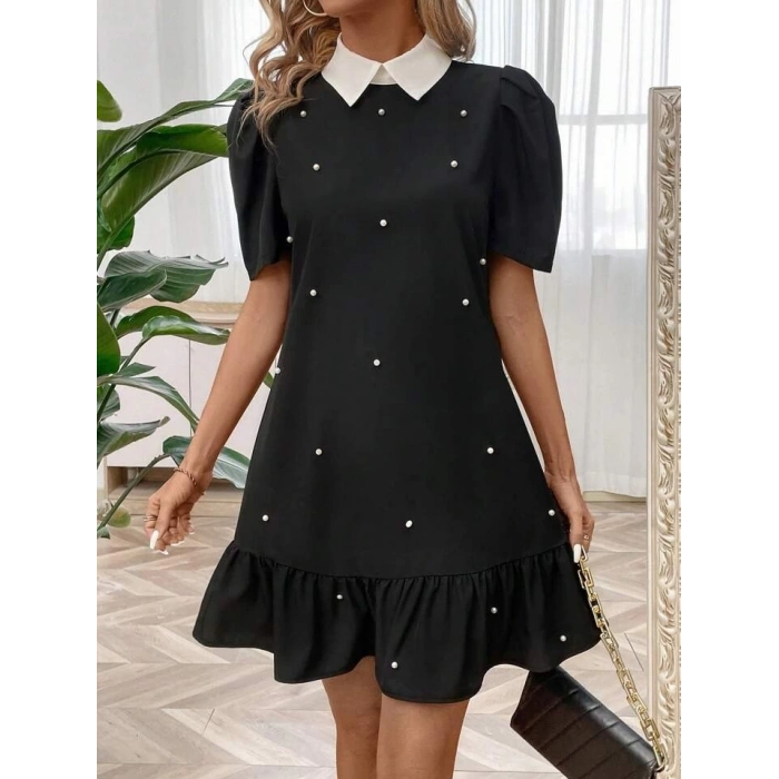 MDB Kadın Kısa Kollu Yakalı Inci Detaylı Kısa Ithal Krep Elbise