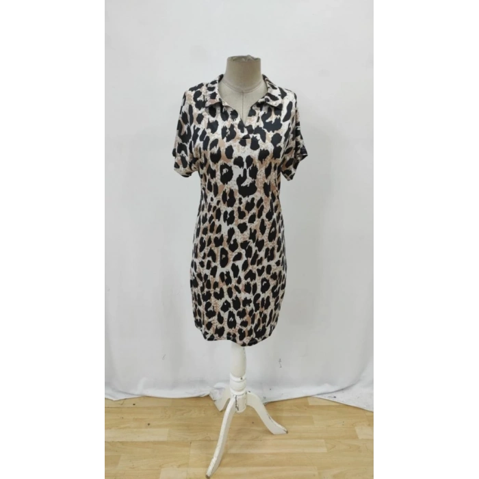MDB Kadın Kısa Kollu Yakalı Leopar Desenli Süprem Elbise