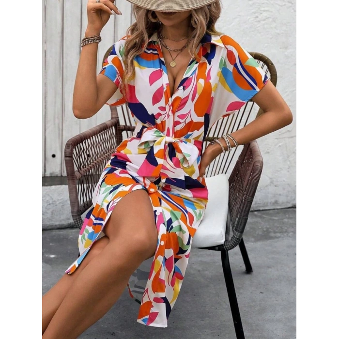 MDB Kadın Kısa Kollu Yakalı önü Düğmeli önden Drapeli Desenli Süprem Elbise