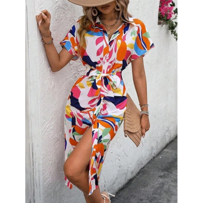 MDB Kadın Kısa Kollu Yakalı önü Düğmeli önden Drapeli Desenli Süprem Elbise