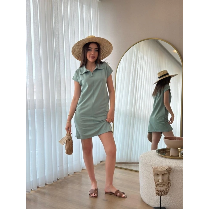 MDB Kadın Kısa Kollu Yakalı Viskon Iki Iplik Elbise