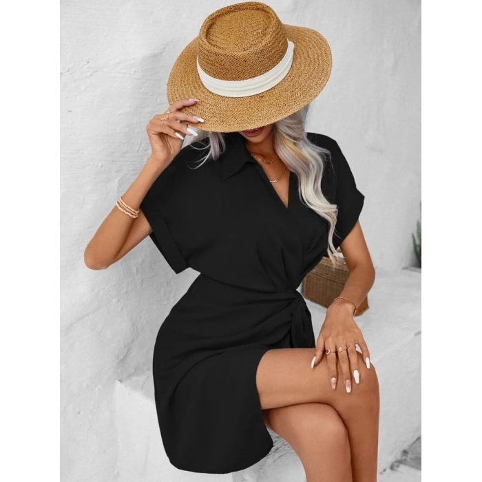 MDB Kadın Kısa Kollu Yakalı Yandan Bağlamalı Dokuma Elbise