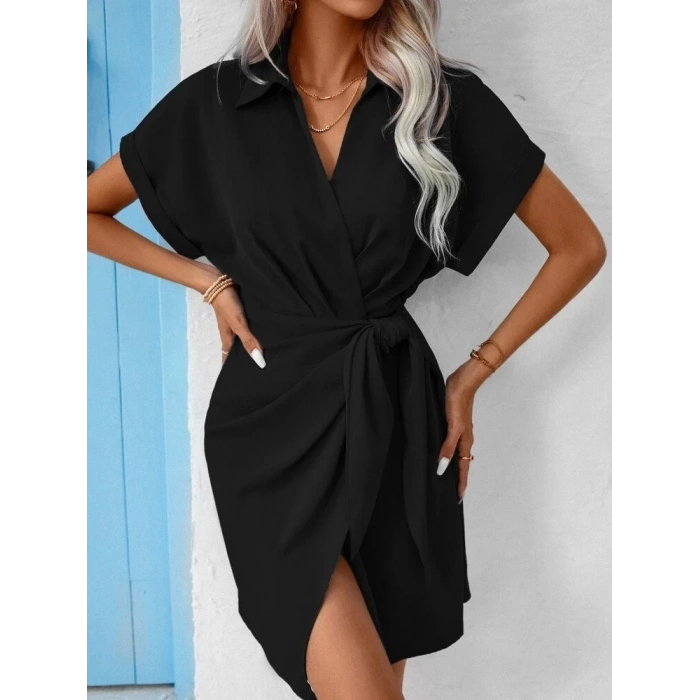 MDB Kadın Kısa Kollu Yakalı Yandan Bağlamalı Dokuma Elbise