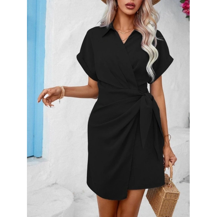 MDB Kadın Kısa Kollu Yakalı Yandan Bağlamalı Dokuma Elbise