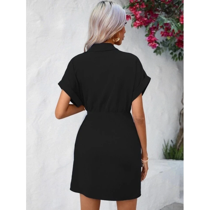 MDB Kadın Kısa Kollu Yakalı Yandan Bağlamalı Dokuma Elbise