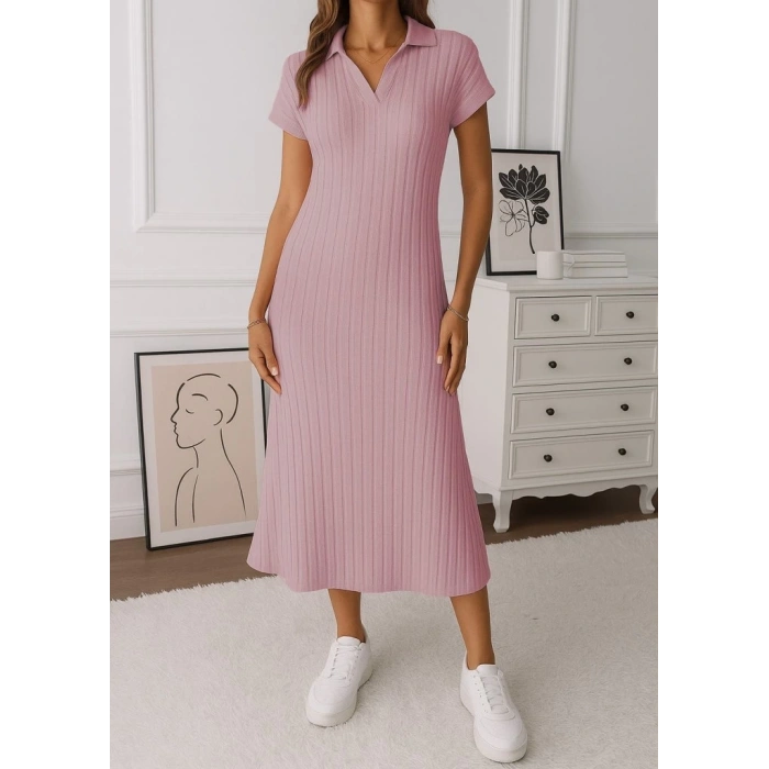 MDB Kadın Kısa Kollu Yakalı Yandan Yırtmaçlı Kalın Fitilli Kaşkorse Elbise