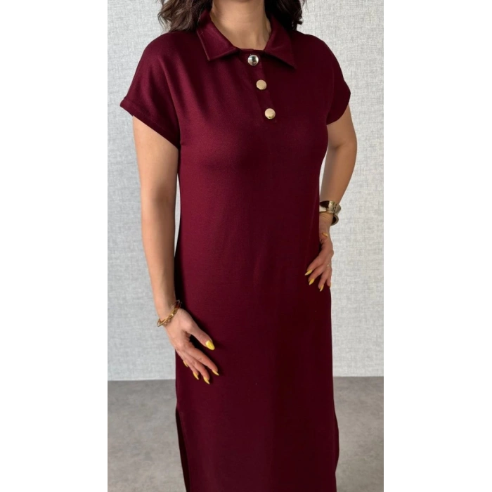 MDB Kadın Kısa Kollu Yakalı Yandan Yırtmaçlı Viskon Iki Iplik Elbise