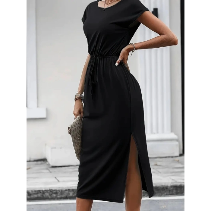 MDB Kadın Kısa Kollu Yakası Açık Belden Kuşaklı Yandan Yırtmaçlı Midi Viskon Elbise