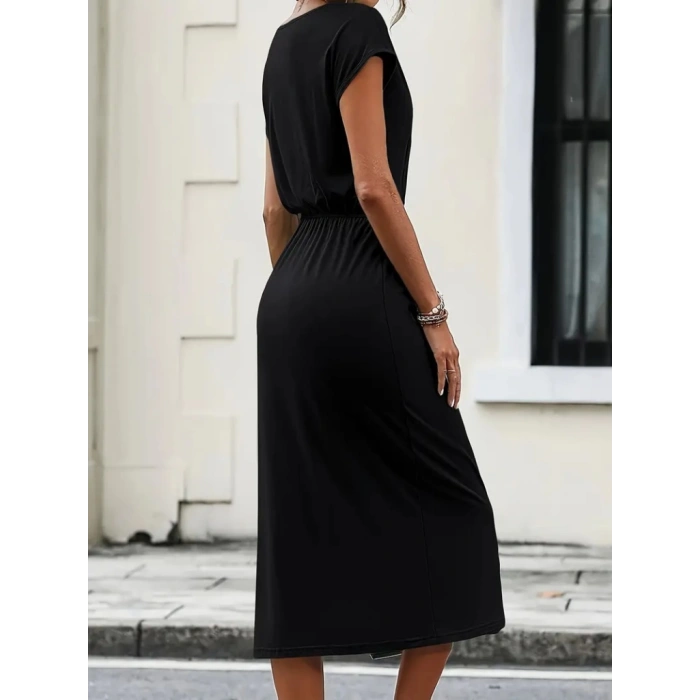 MDB Kadın Kısa Kollu Yakası Açık Belden Kuşaklı Yandan Yırtmaçlı Midi Viskon Elbise