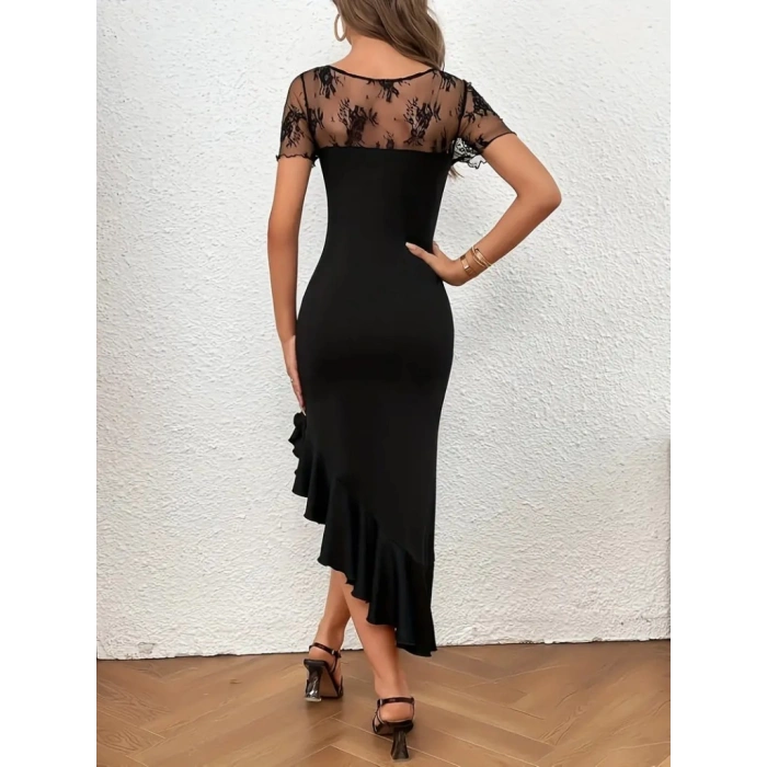 MDB Kadın Kısa Kollu Yakası Açık Dantel Detaylı Fırfırlı Asimetrik Janjan Krep Elbise