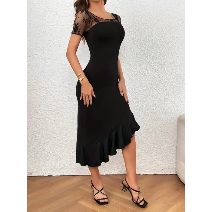 MDB Kadın Kısa Kollu Yakası Açık Dantel Detaylı Fırfırlı Asimetrik Janjan Krep Elbise