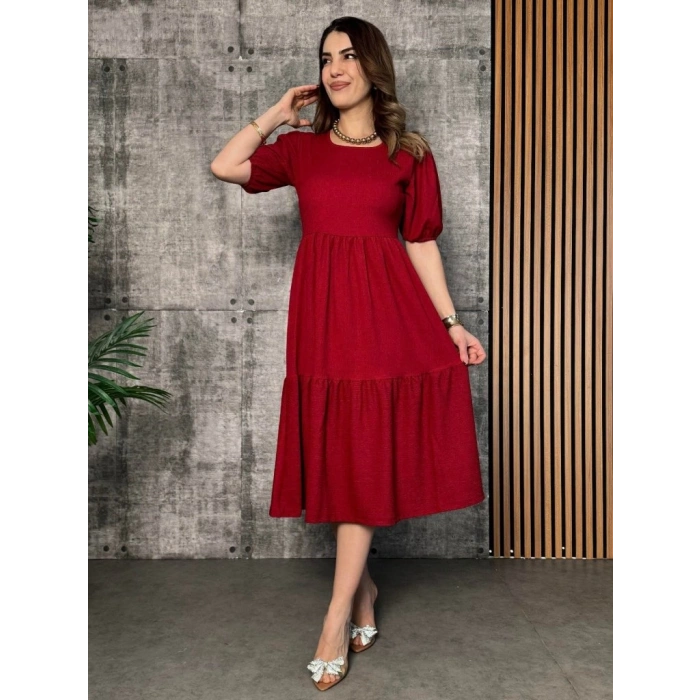 MDB Kadın Kısa Kollu Yakası Açık Katlı Bürümcük Balon Elbise