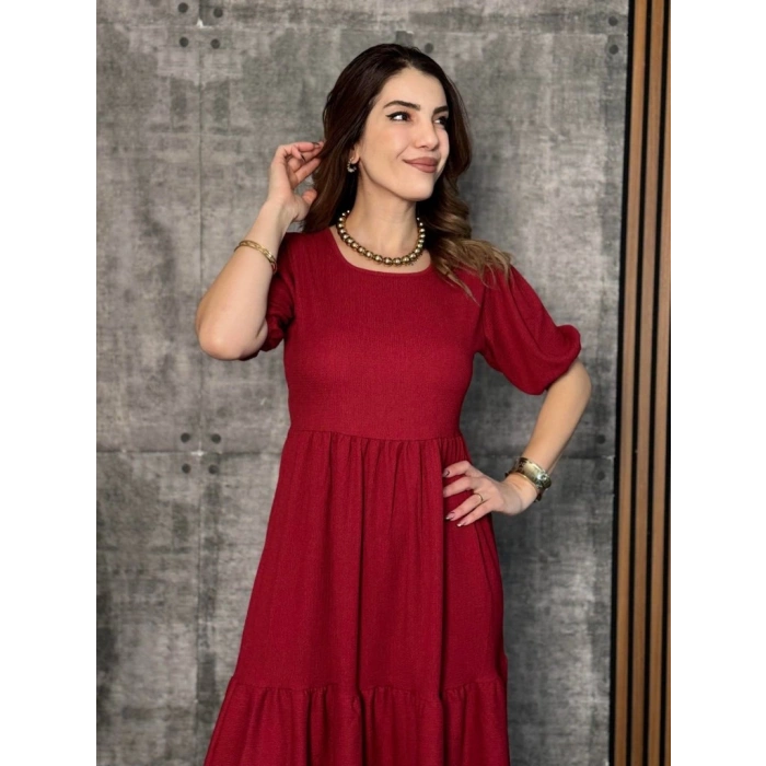 MDB Kadın Kısa Kollu Yakası Açık Katlı Bürümcük Balon Elbise