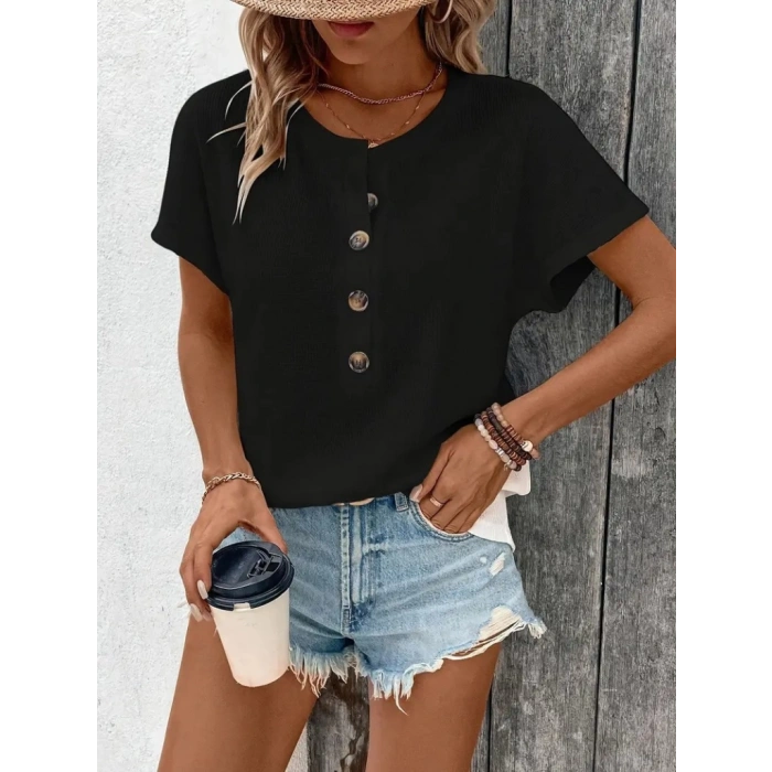 MDB Kadın Kısa Kollu Yakası Açık önden Düğmeli Waffle Bluz