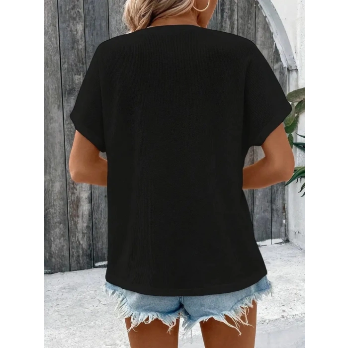 MDB Kadın Kısa Kollu Yakası Açık önden Düğmeli Waffle Bluz