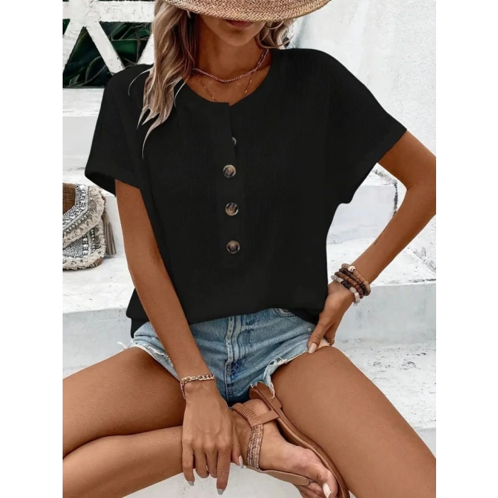 MDB Kadın Kısa Kollu Yakası Açık önden Düğmeli Waffle Bluz