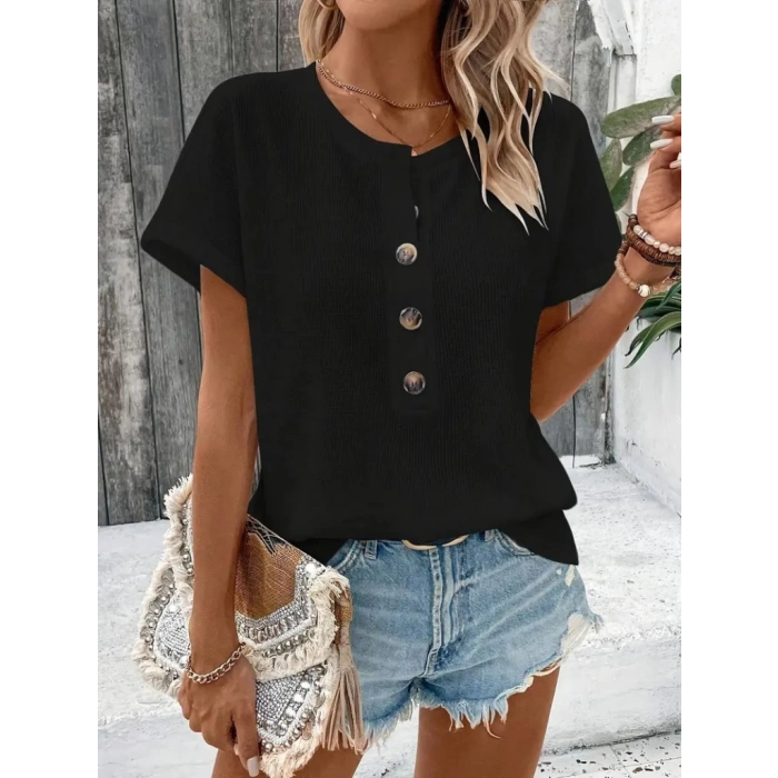 MDB Kadın Kısa Kollu Yakası Açık önden Düğmeli Waffle Bluz