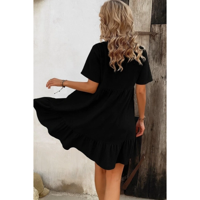 MDB Kadın Kısa Kollu Yakası Bağcıklı önden Düğmeli Fırfır Desenli Süprem Elbise