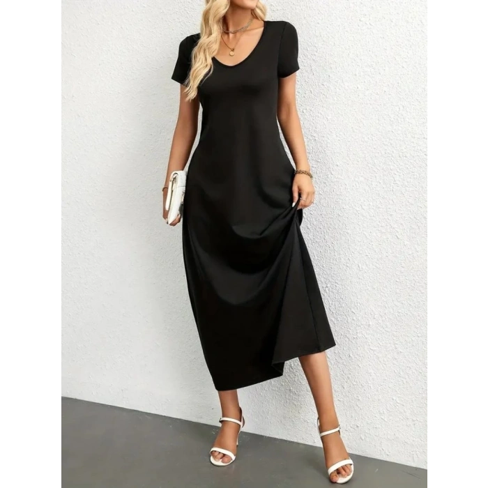 MDB Kadın Kısa Kollu Yakası Yuvarlak Cepli Viskon Elbise