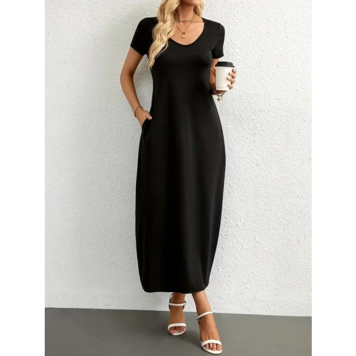 MDB Kadın Kısa Kollu Yakası Yuvarlak Cepli Viskon Elbise