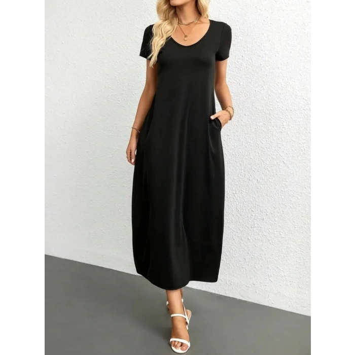 MDB Kadın Kısa Kollu Yakası Yuvarlak Cepli Viskon Elbise