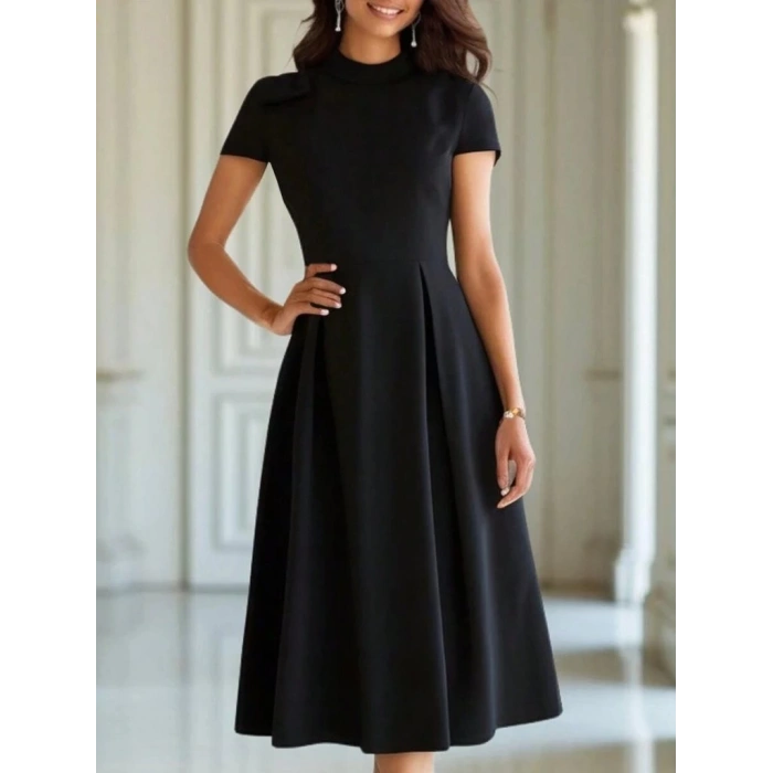 MDB Kadın Kısa Kollu Yarı Balıkçı Yaka Pileli Janjan Krep Midi Elbise