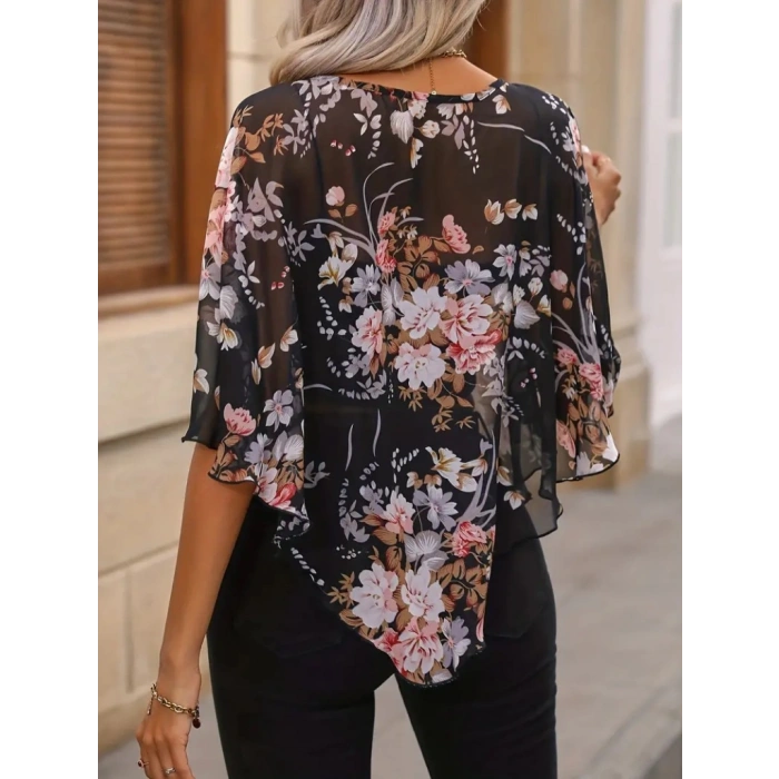MDB Kadın Kısa Kollu Yuvarlak Yaka çiçek Baskılı Asimetrik Kesim şifon Bluz