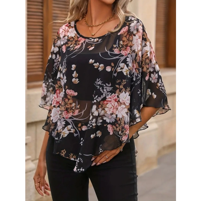 MDB Kadın Kısa Kollu Yuvarlak Yaka çiçek Baskılı Asimetrik Kesim şifon Bluz