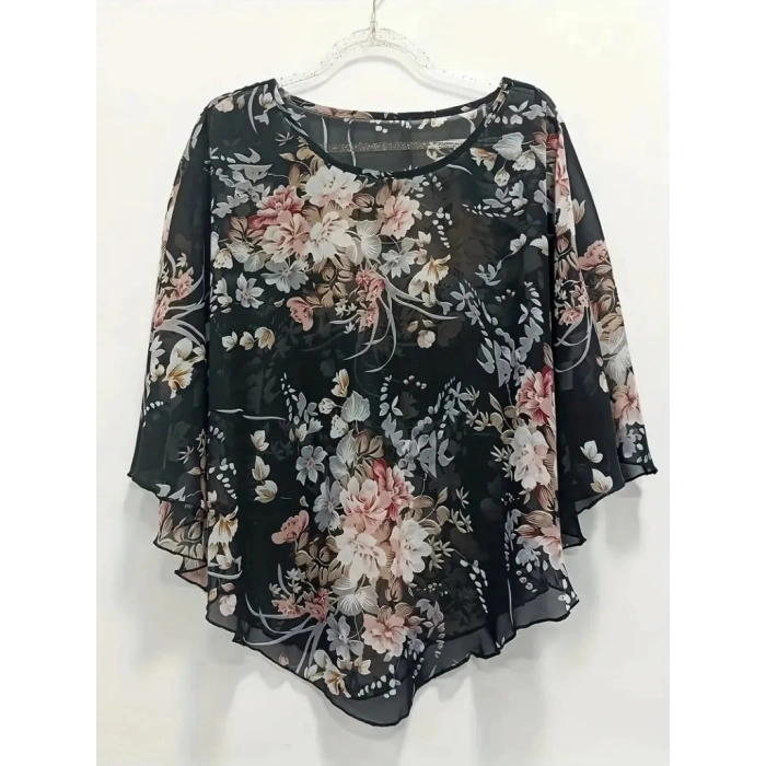 MDB Kadın Kısa Kollu Yuvarlak Yaka çiçek Baskılı Asimetrik Kesim şifon Bluz
