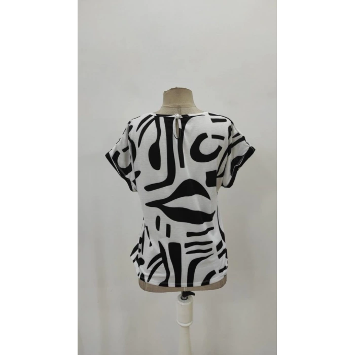 MDB Kadın Kısa Kollu Yuvarlak Yaka Desenli Süprem Bluz