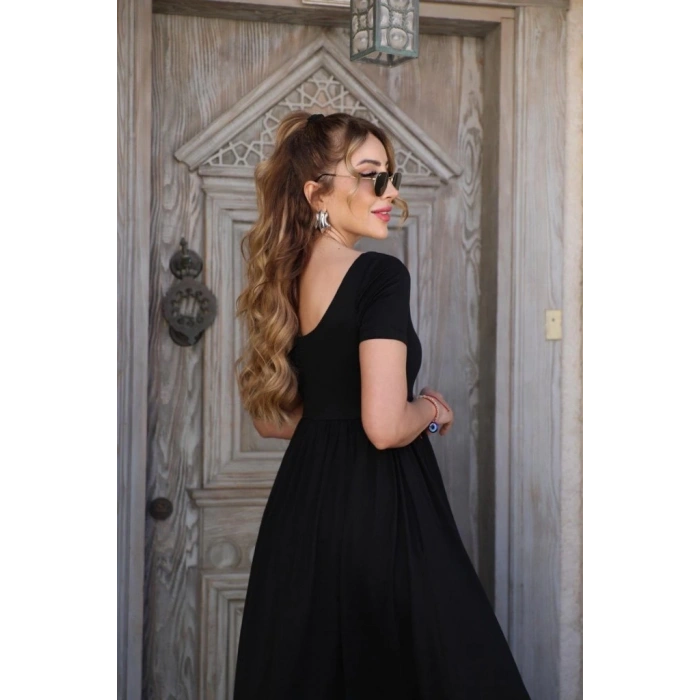 MDB Kadın Kısa Kollu Yuvarlak Yaka önden Yırtmaçlı Cepli Viskon Uzun Elbise