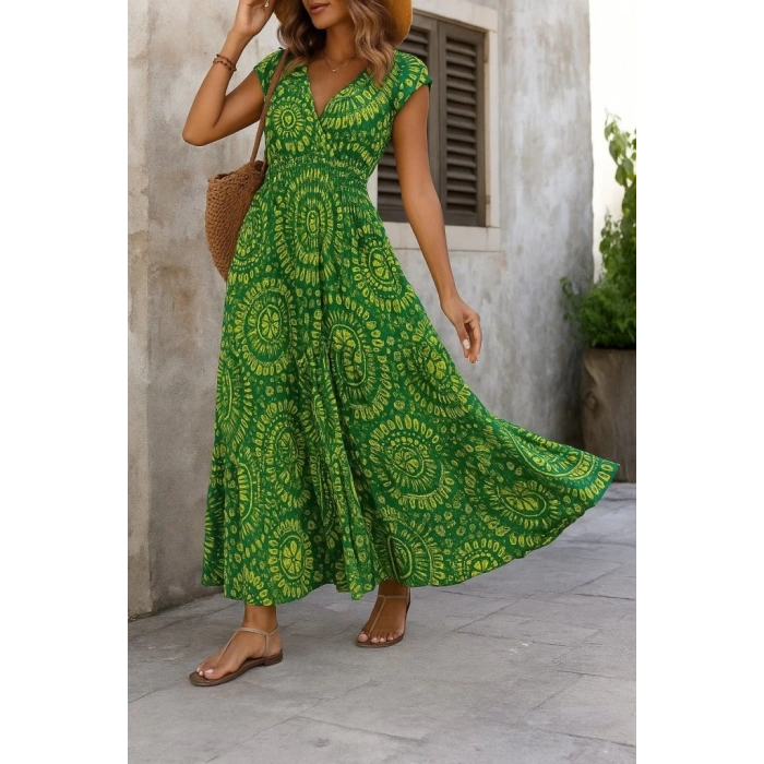 MDB Kadın Kısa Yarasa Kanat Kollu V Yakalı Beli Büzgülü Süprem Elbise