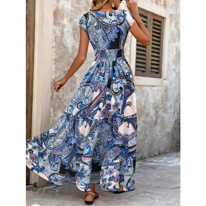 MDB Kadın Kısa Yarasa Kanat Kollu V Yakalı Beli Büzgülü Süprem Elbise