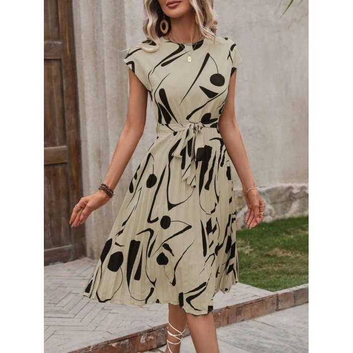 MDB Kadın Kısa Yarasa Kollu Yuvarlak Yaka Beli Büzgülü Süprem Elbise