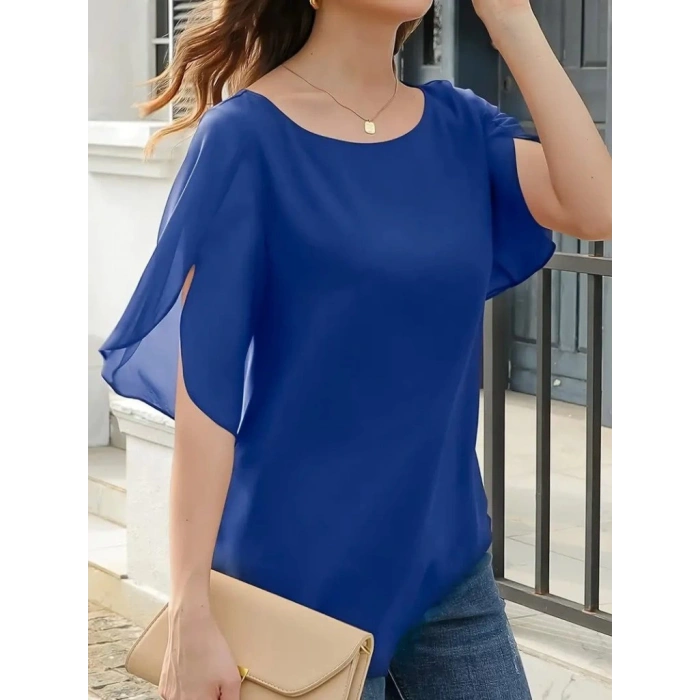 MDB Kadın Kısa Yırtmaç Kollu Yuvarlak Yaka şifon Bluz