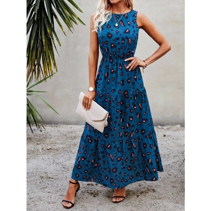 MDB Kadın Kolsuz Bisiklet Yaka Beli Lastikli Desenli Süprem Elbise