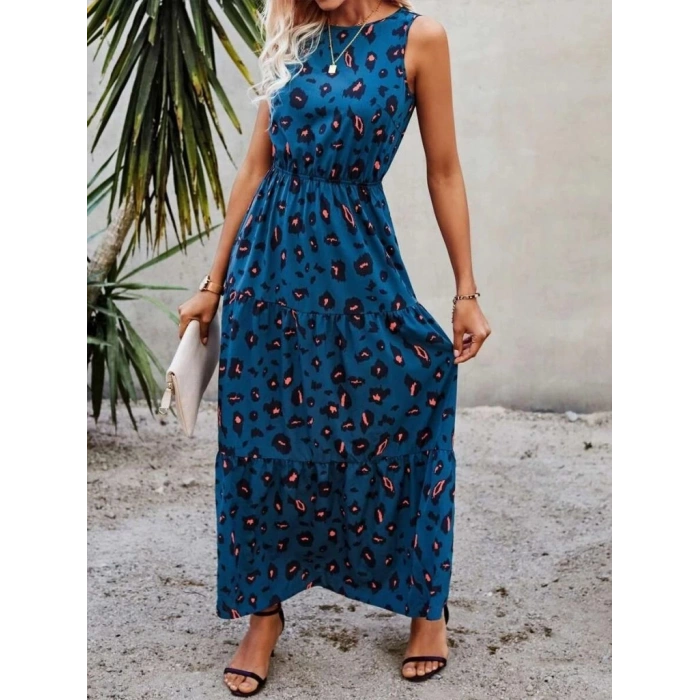 MDB Kadın Kolsuz Bisiklet Yaka Beli Lastikli Desenli Süprem Elbise