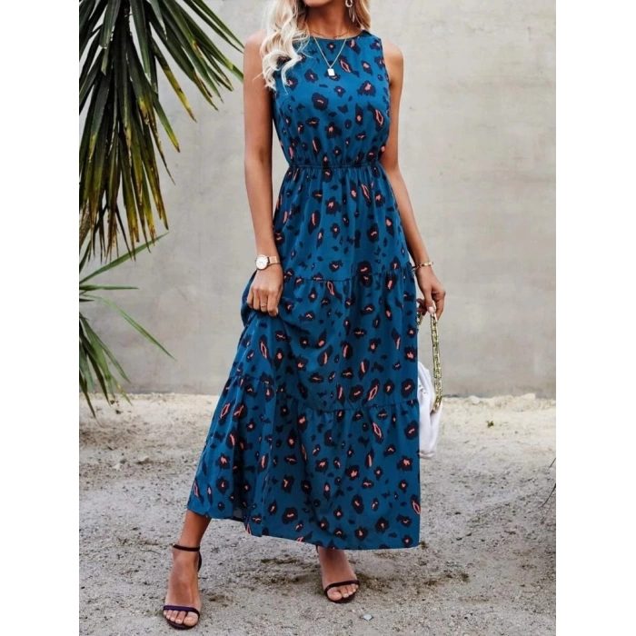 MDB Kadın Kolsuz Bisiklet Yaka Beli Lastikli Desenli Süprem Elbise