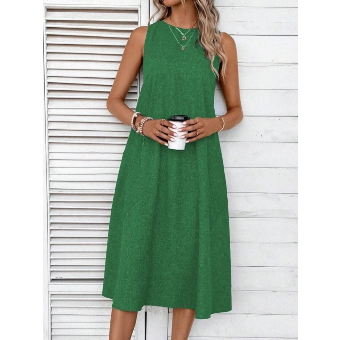 MDB Kadın Kolsuz Bisiklet Yaka Cepli Midi Keten Elbise