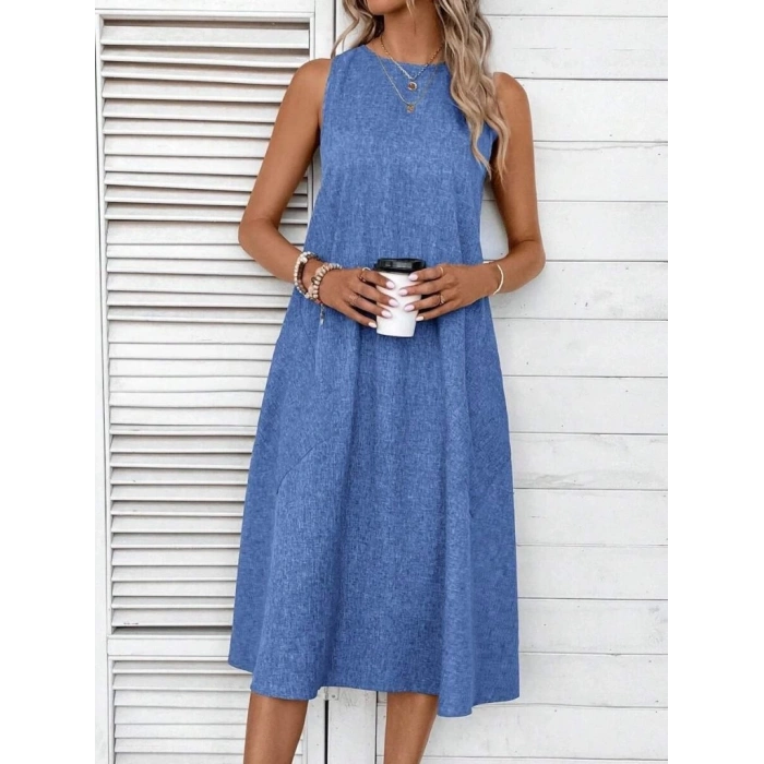 MDB Kadın Kolsuz Bisiklet Yaka Cepli Midi Keten Elbise