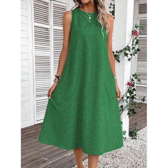 MDB Kadın Kolsuz Bisiklet Yaka Cepli Midi Keten Elbise